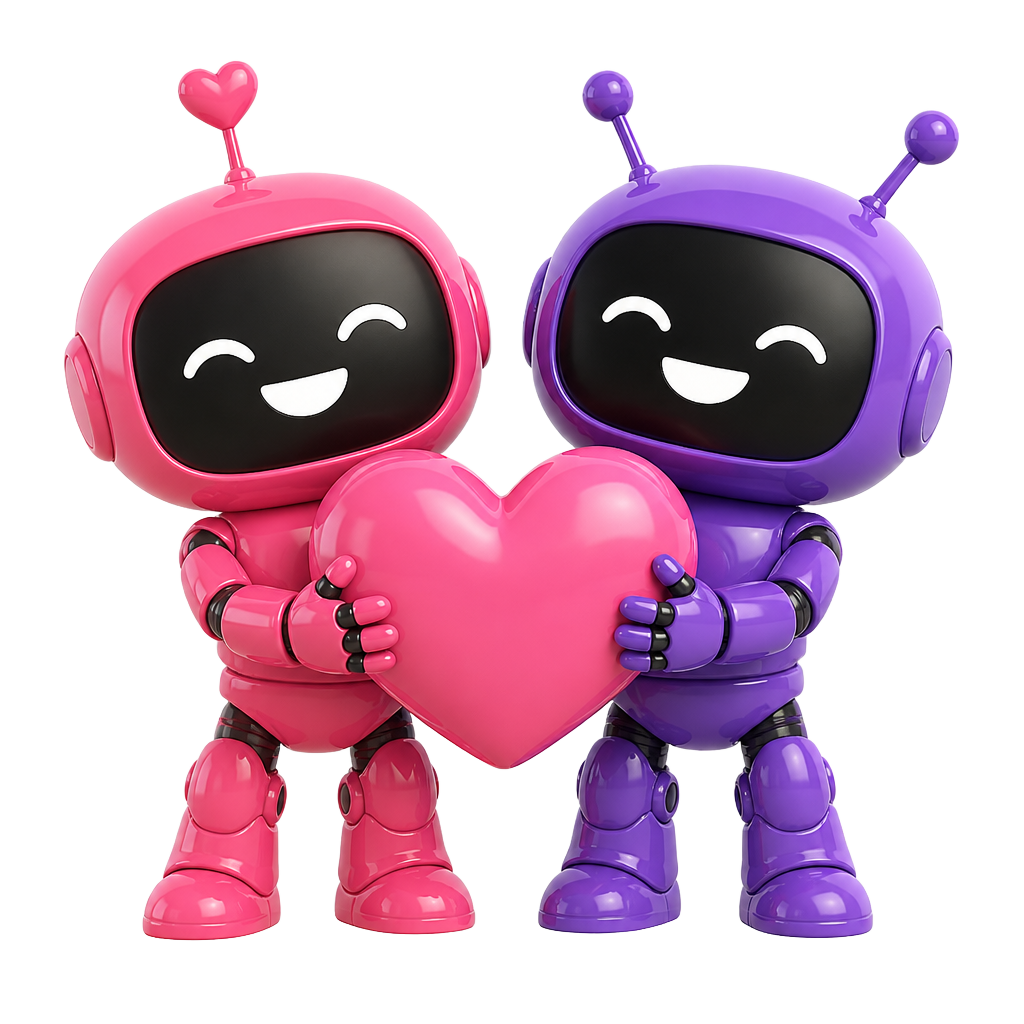 Mia, the pink Matchi robot, and Zac, the purple Matchi robot, greeting each other with a floating heart between them